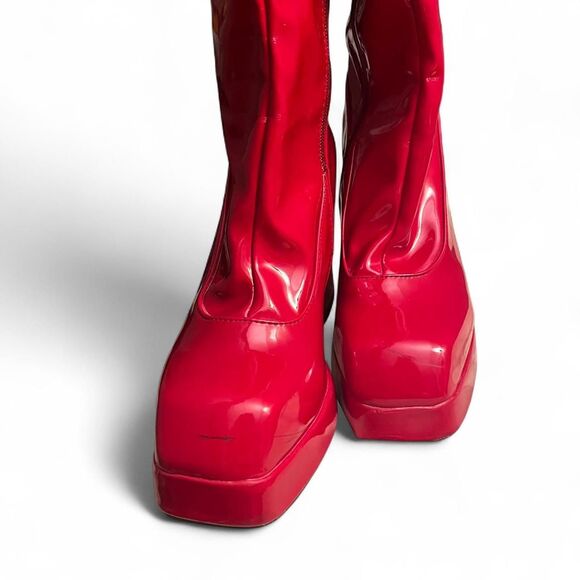 Shiny Red Platform Thigh-High Boots - Picture 3 of 5